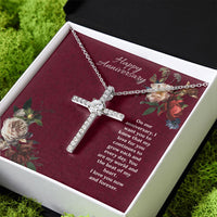 Happy Anniversary CZ Cross Pendant Necklace / Anniversary Gift for Her / 14K White Gold Dipped / Free Shipping