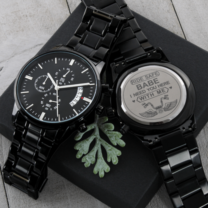 Biker Gift for your Babe, Husband or Boyfriend / Engraved Design Black Chronograph Watch/ Free Shipping