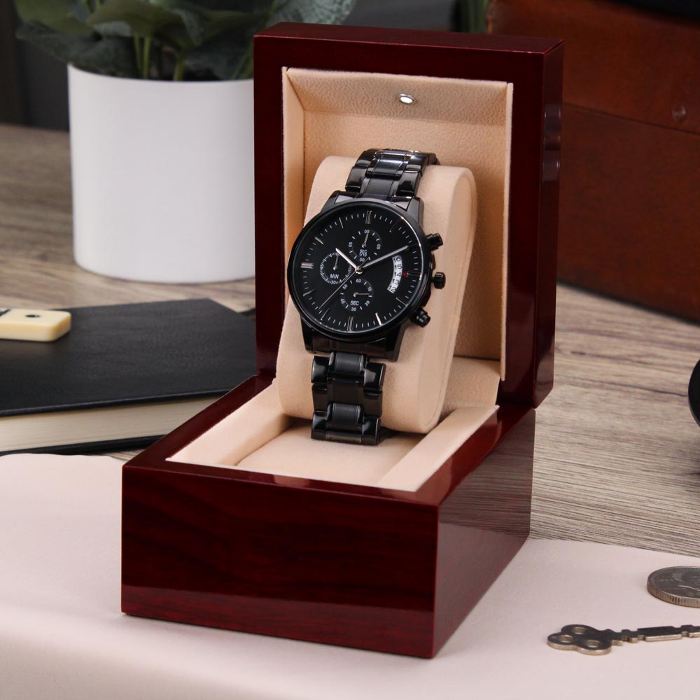 Biker Gift for your Babe, Husband or Boyfriend / Engraved Design Black Chronograph Watch/ Free Shipping