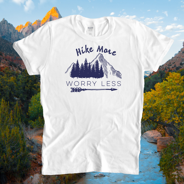 Hike More Worry Less Short-Sleeve Unisex T-Shirt / Outdoors Adventure Shirt / Hiking Tshirt / Free Shipping / Nature Mountain Arrow